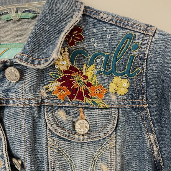 Hollister Cali Denim Jean Jacket Medium Tropical Palm Tree Flowers Embellished - Picture 4 of 9